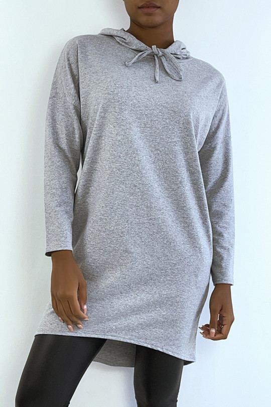 Light gray hooded long sleeve sweatshirt dress - 1