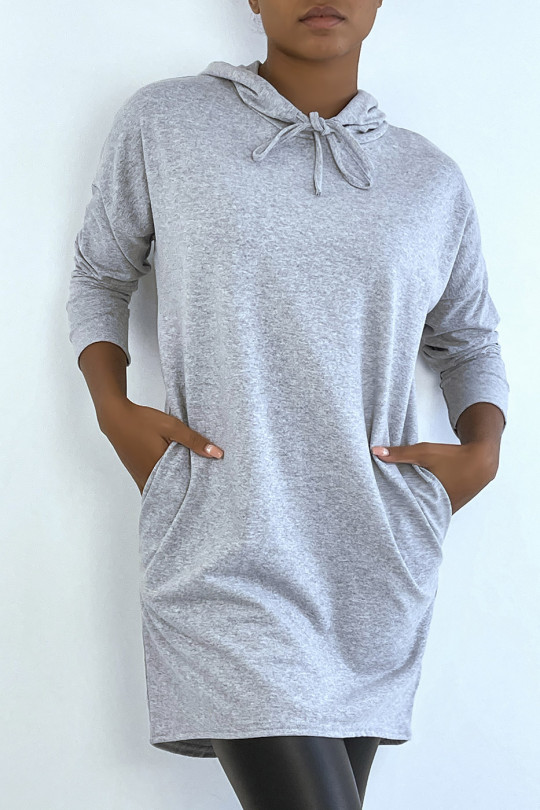 Light gray hooded long sleeve sweatshirt dress - 3