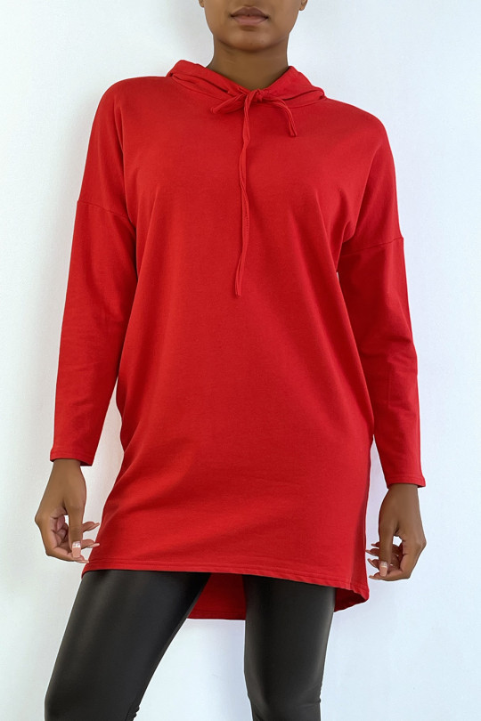 Lichtgewicht rode sweatshirtjurk met capuchon en lange mouwen - 1