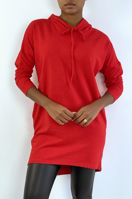 Lichtgewicht rode sweatshirtjurk met capuchon en lange mouwen - 2