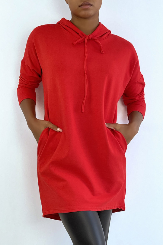Lichtgewicht rode sweatshirtjurk met capuchon en lange mouwen - 3