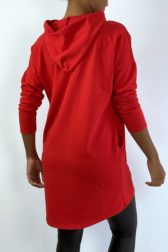 Lichtgewicht rode sweatshirtjurk met capuchon en lange mouwen - 4