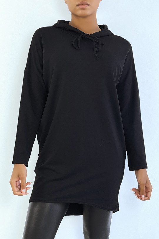 Lichtgewicht zwarte sweatshirtjurk met capuchon en lange mouwen - 1
