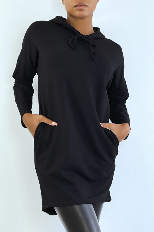 Lichtgewicht zwarte sweatshirtjurk met capuchon en lange mouwen - 2