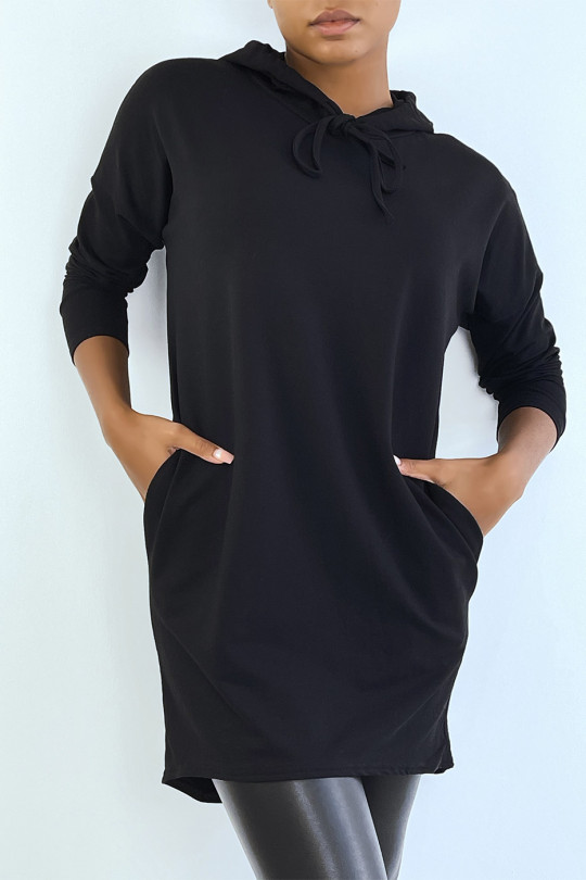 Lichtgewicht zwarte sweatshirtjurk met capuchon en lange mouwen - 3