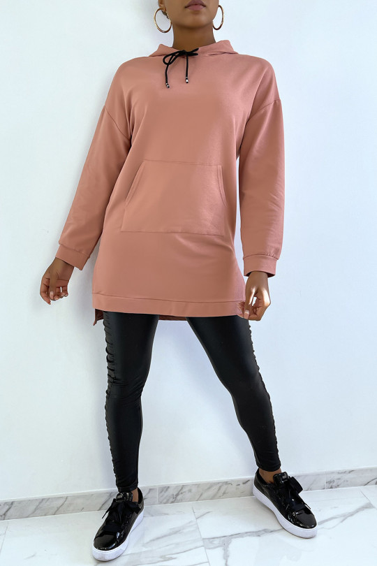 Long pink hooded tunic sweatshirt with front pocket - 1