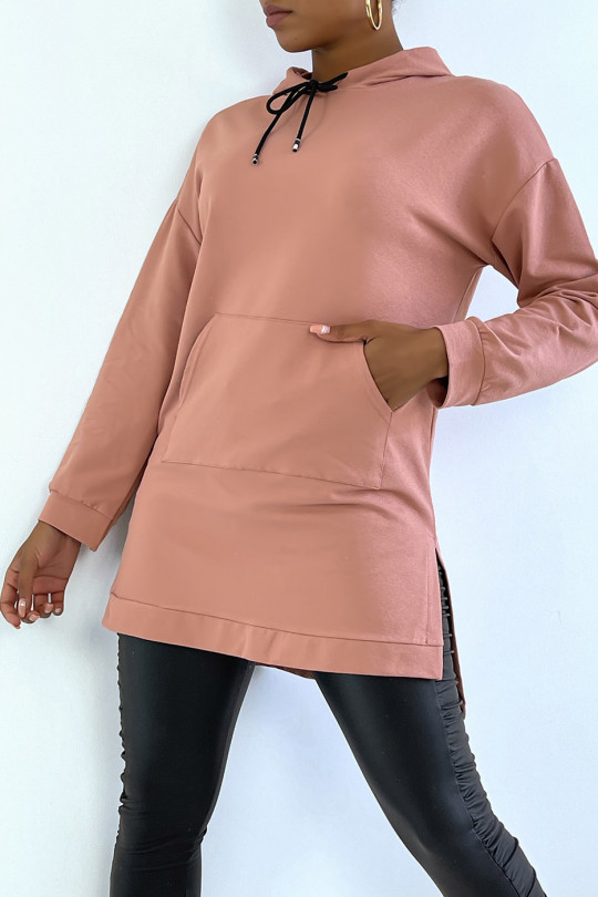 Long pink hooded tunic sweatshirt with front pocket - 2