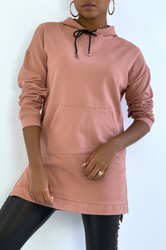 Long pink hooded tunic sweatshirt with front pocket - 3
