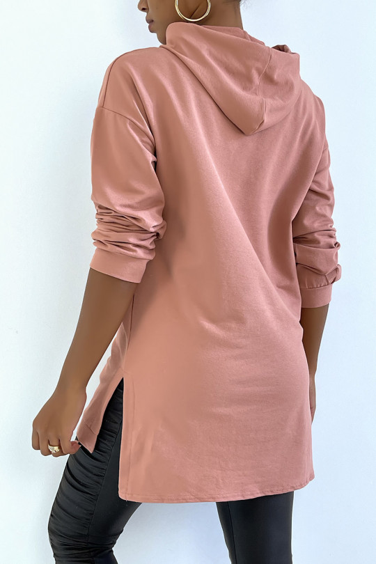 Long pink hooded tunic sweatshirt with front pocket - 4