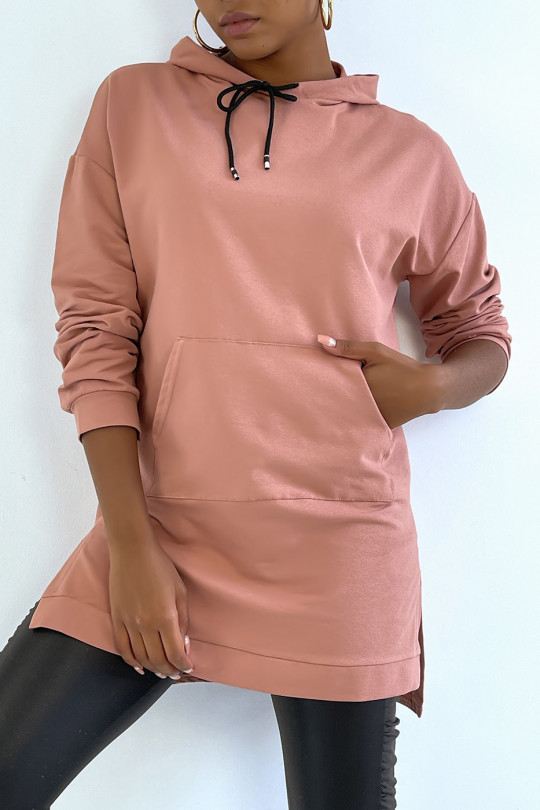 Long pink hooded tunic sweatshirt with front pocket - 5