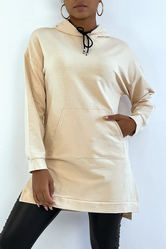 Long beige hooded tunic sweatshirt with front pocket - 1