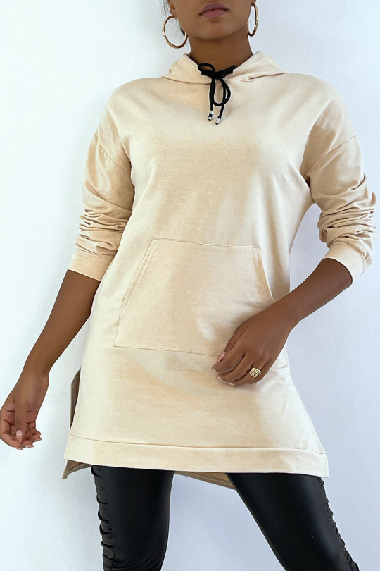 Long beige hooded tunic sweatshirt with front pocket - 2