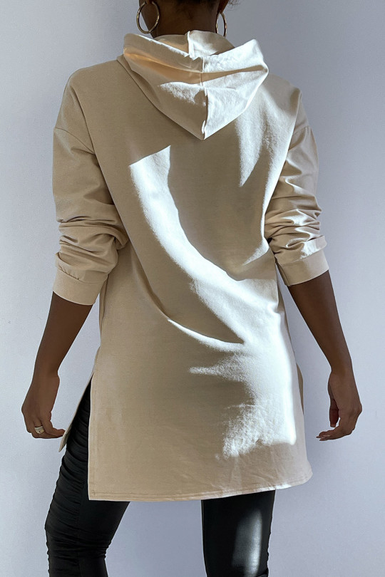 Long sweat tunique beige à capuche avec poche avant - 4
