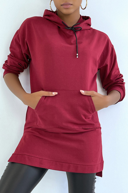 Long burgundy tunic hooded sweatshirt with front pocket - 2