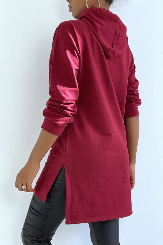 Long burgundy tunic hooded sweatshirt with front pocket - 3