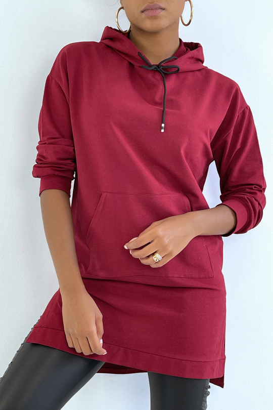 Long burgundy tunic hooded sweatshirt with front pocket - 4