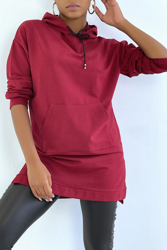 Long burgundy tunic hooded sweatshirt with front pocket - 5