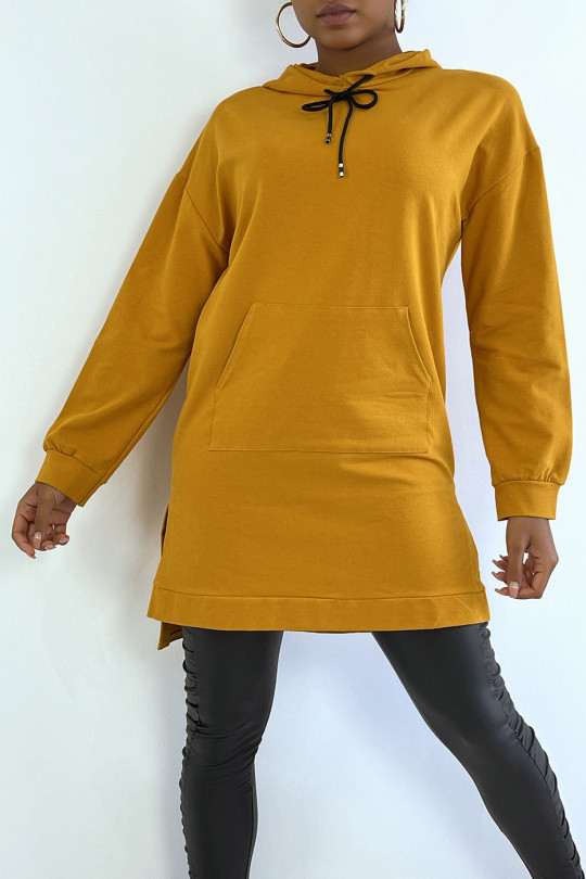 Long mustard tunic hooded sweatshirt with front pocket - 1