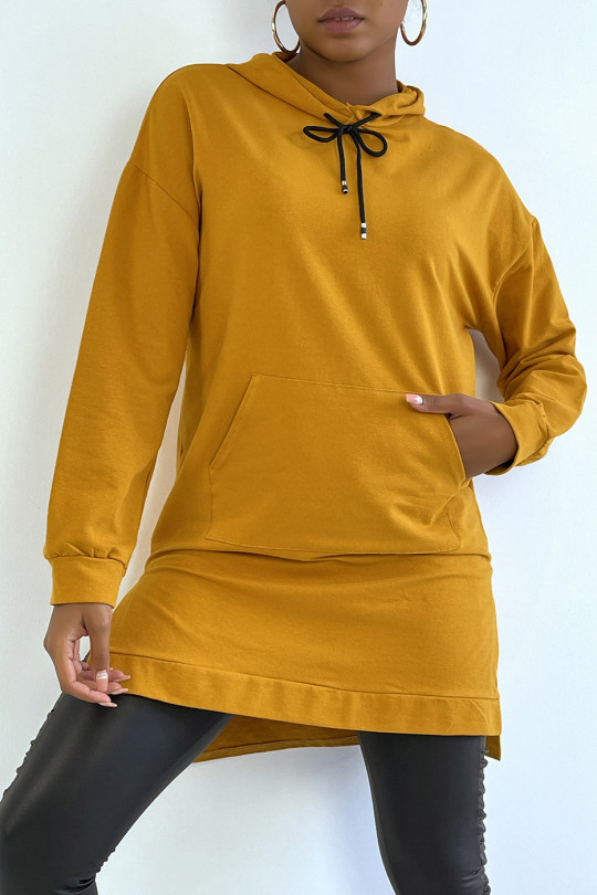 Long mustard tunic hooded sweatshirt with front pocket - 2