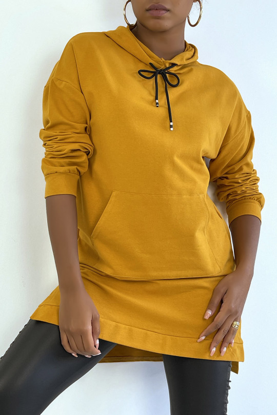 Long mustard tunic hooded sweatshirt with front pocket - 3