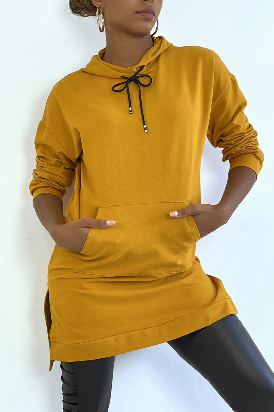 Long mustard tunic hooded sweatshirt with front pocket - 4