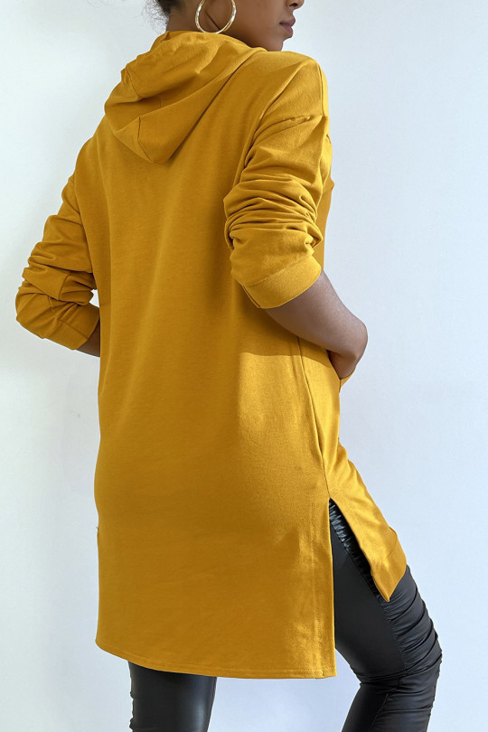 Long mustard tunic hooded sweatshirt with front pocket - 5