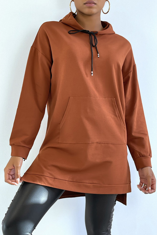 Long cognac tunic hooded sweatshirt with front pocket - 1