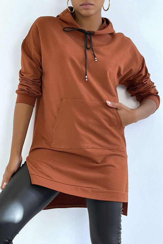 Long cognac tunic hooded sweatshirt with front pocket - 3