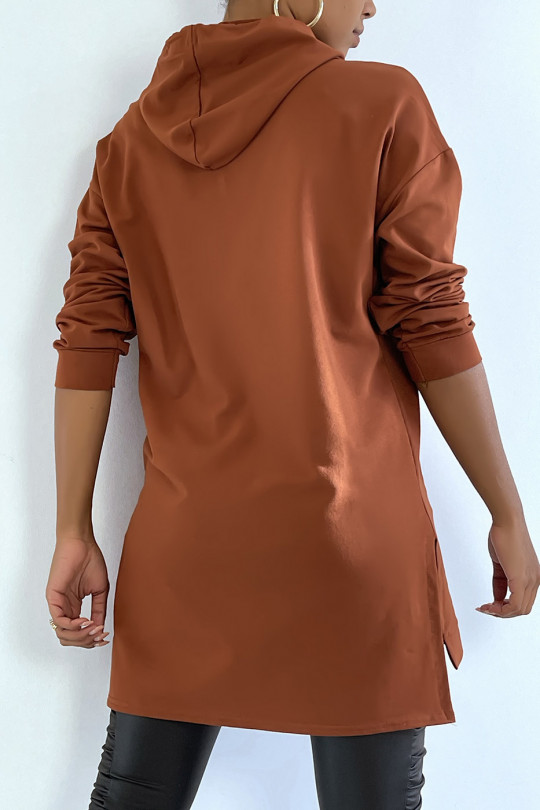 Long cognac tunic hooded sweatshirt with front pocket - 4