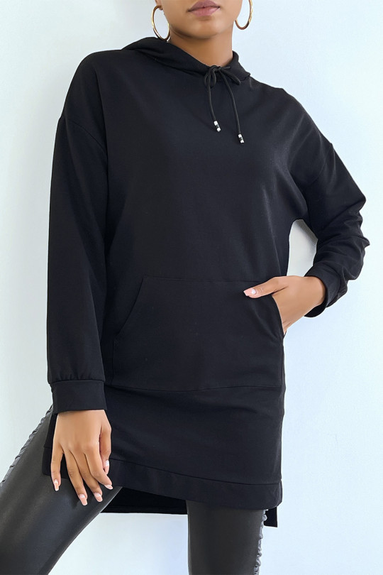 Long sweat tunique noir à capuche avec poche avant - 1