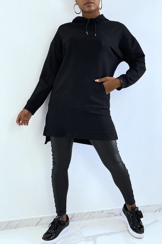 Long sweat tunique noir à capuche avec poche avant - 2