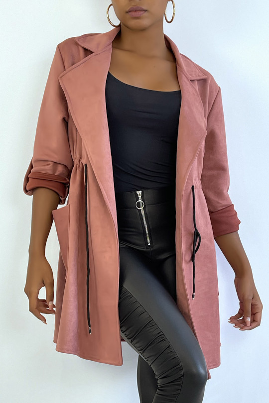 Roze suède jas verstelbaar in de taille met zakken - 1