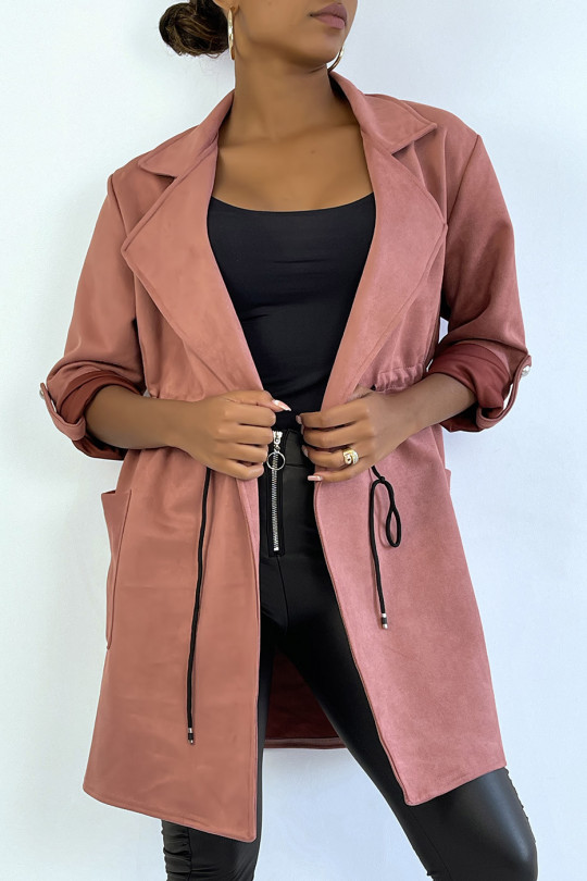 Roze suède jas verstelbaar in de taille met zakken - 2