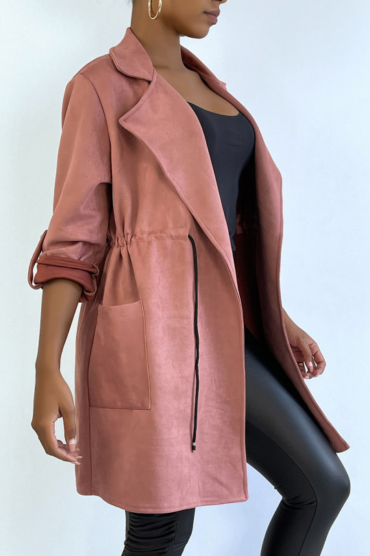 Roze suède jas verstelbaar in de taille met zakken - 3