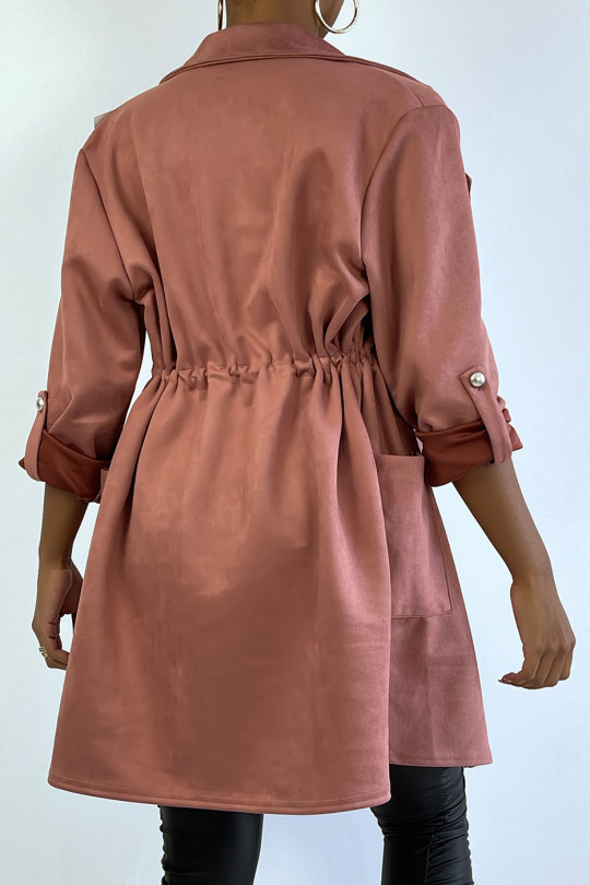 Roze suède jas verstelbaar in de taille met zakken - 4