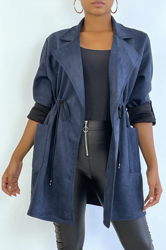 Navy suede jacket adjustable at the waist with pockets - 1