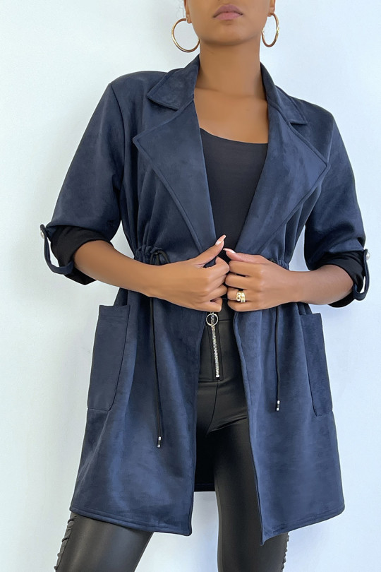 Navy suede jacket adjustable at the waist with pockets - 2