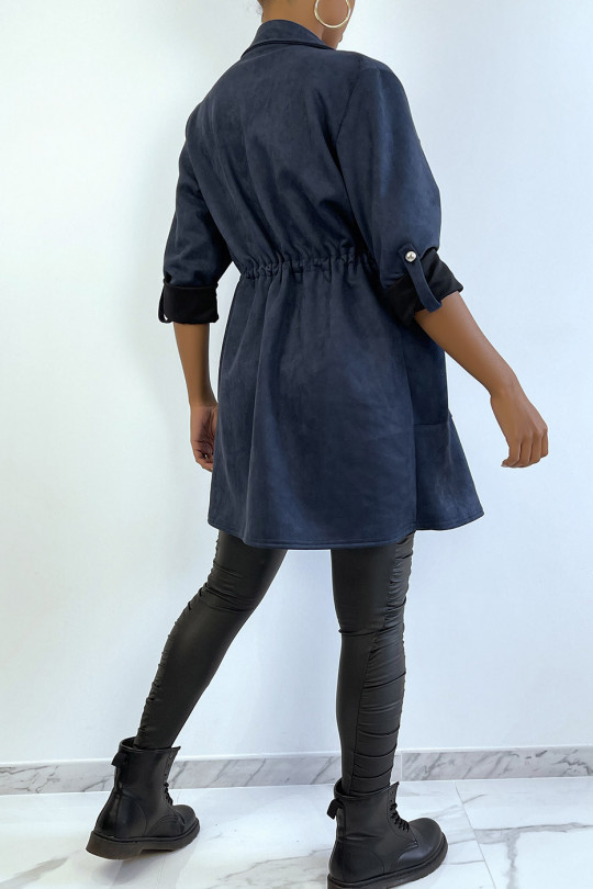 Navy suede jacket adjustable at the waist with pockets - 3