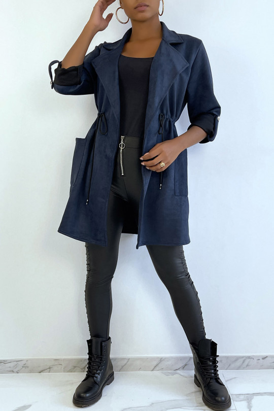 Navy suede jacket adjustable at the waist with pockets - 4