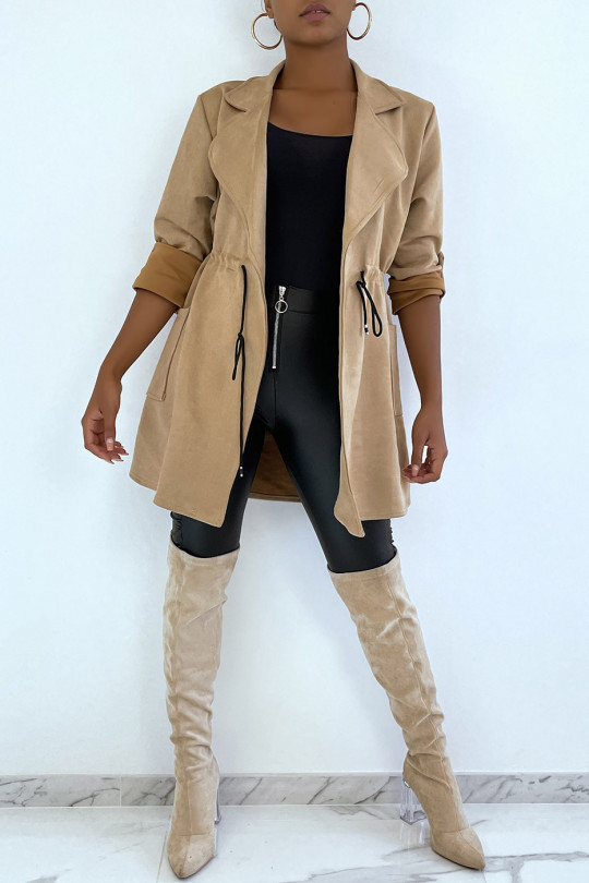 Beige suede jacket adjustable at the waist with pockets - 2