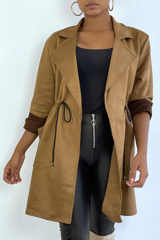Camel suede jacket adjustable at the waist with pockets - 1