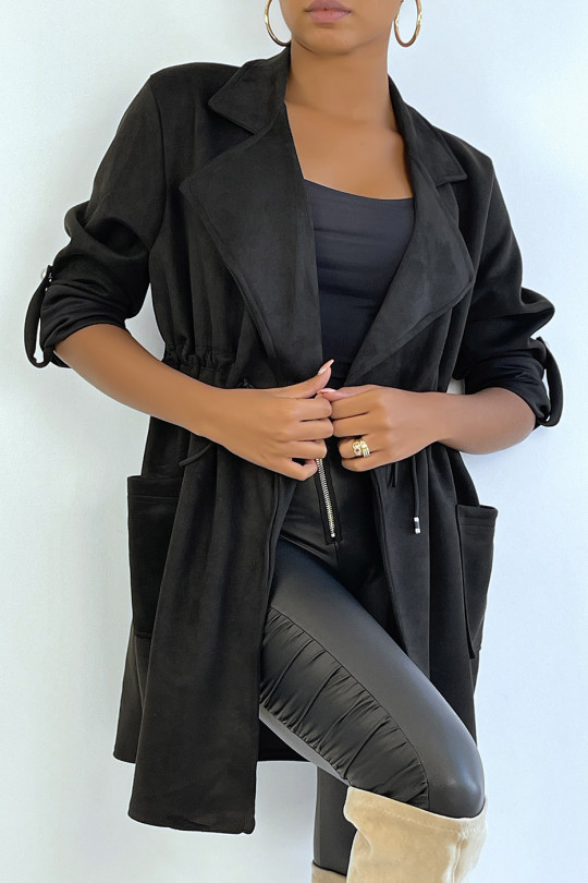 Veste en suédine noire ajustable à la taille avec poches - 1