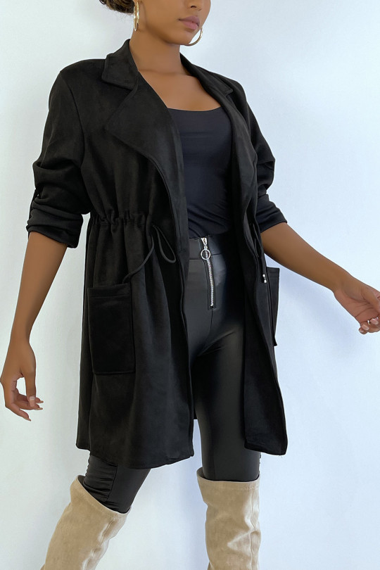 Veste en suédine noire ajustable à la taille avec poches - 2