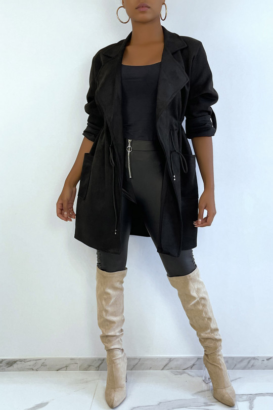 Veste en suédine noire ajustable à la taille avec poches - 3