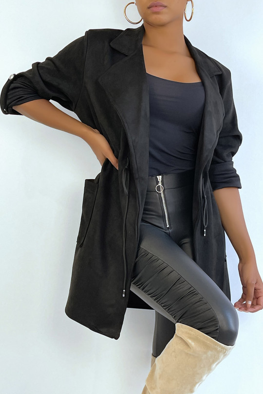 Veste en suédine noire ajustable à la taille avec poches - 4