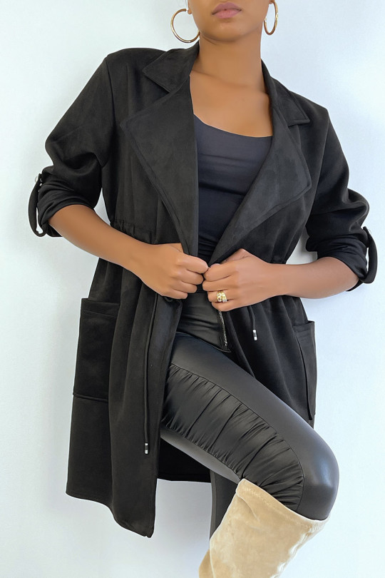 Black suede jacket adjustable at the waist with pockets - 5