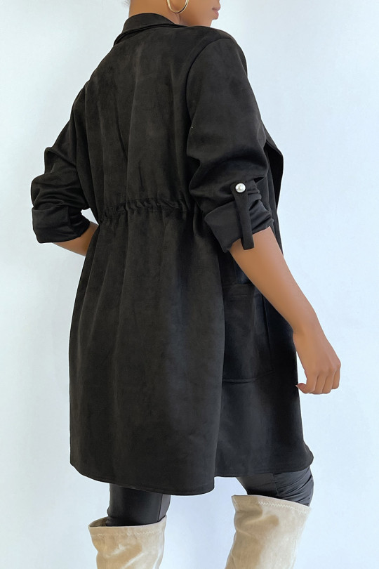 Veste en suédine noire ajustable à la taille avec poches - 6