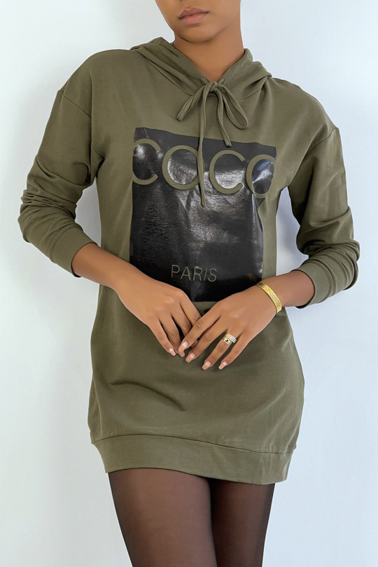 Sweat à capuche kaki avec écriture COCO paris à l'avant - 3