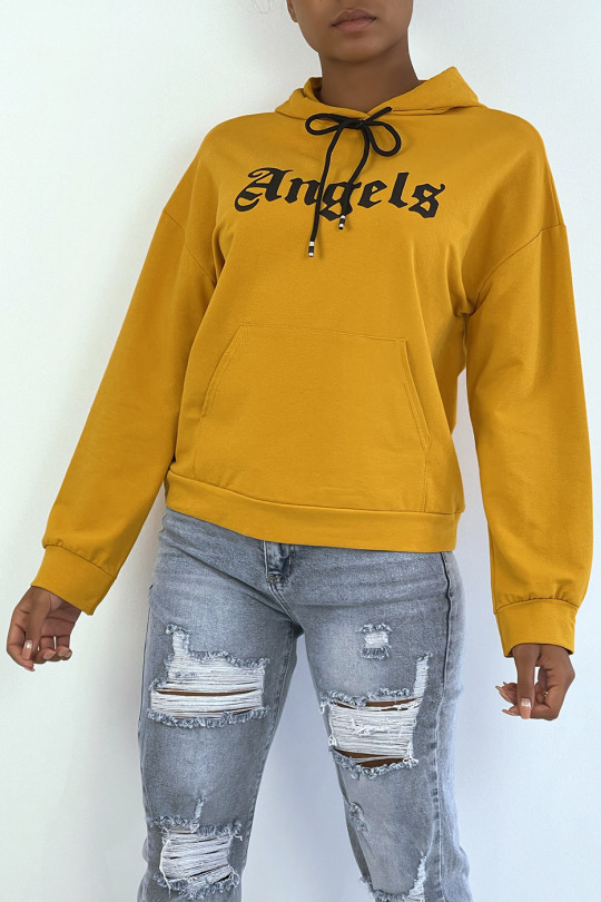 Mustard hoodie with ANGELS writing and pockets - 1