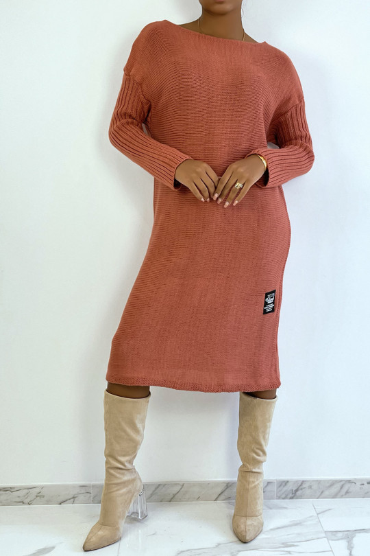 Longue robe pull fuchsia composé de laine et de mohair - 1